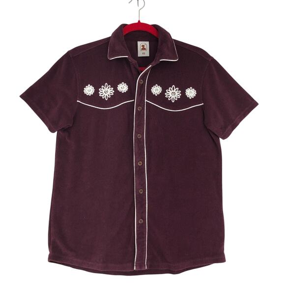Dandy Del Mar Gaucho Shirt Mens XS Burgundy Embroidered Floral Terry Button Up - Picture 1 of 16